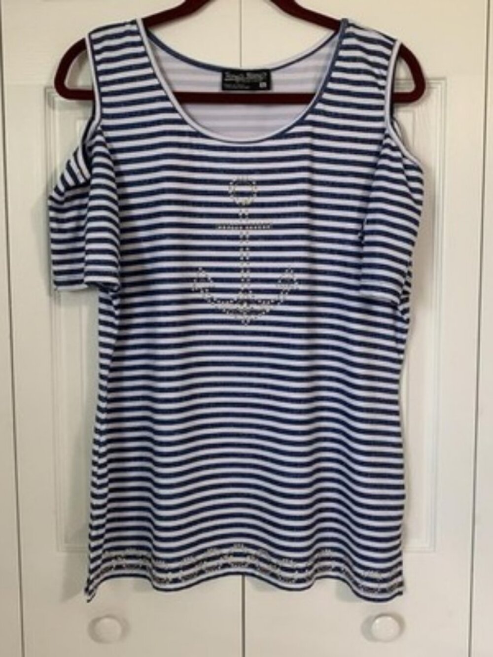 Tango Mango Women's Cold Shoulder Stripe Tunic T-Shirt with Rhinestones